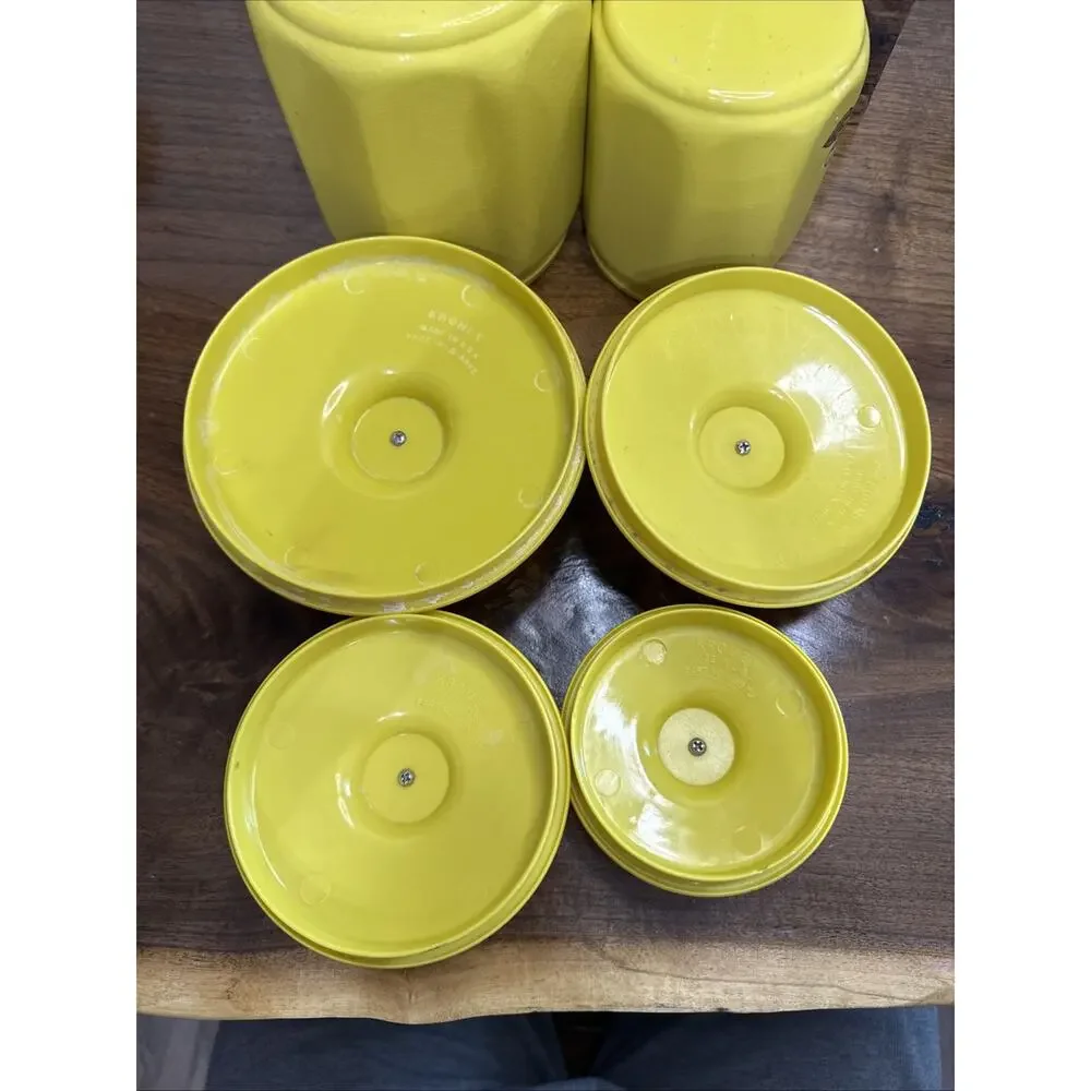Vintage Kromex Faceted Aluminum 4 Canister Set Yellow Fruit Floral Plastic Lids